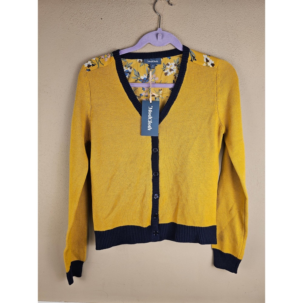 NWT Modcloth Mustard Navy Floral Layer Lover Cardigan Sweater Small Riverdale